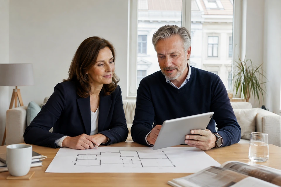 Symbolische Vorbereitung eines Immobiliengesprächs mit Grundriss und Tablet